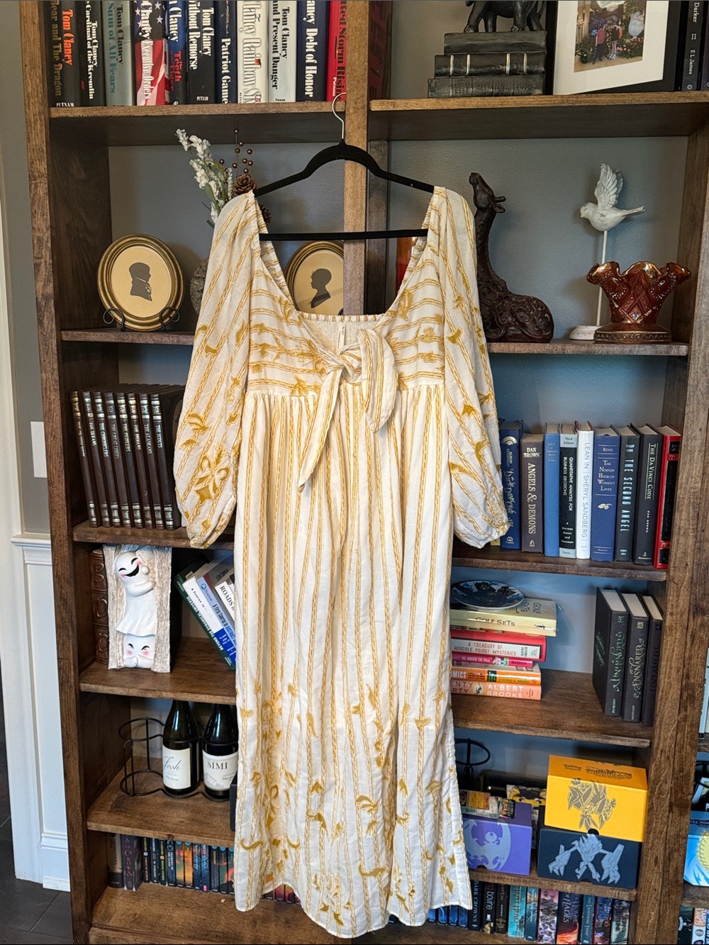 Anthropologie White Maxi Dress with Mustard Embroidery